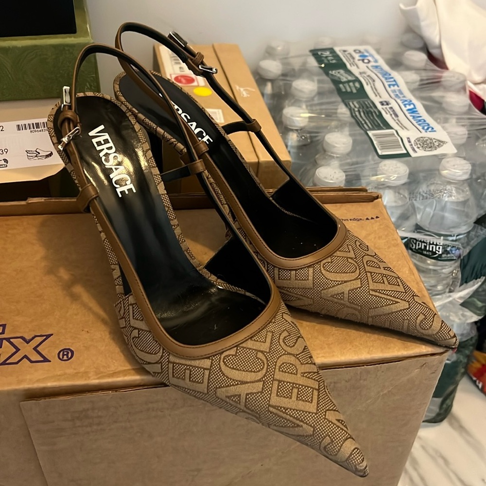 VERSACE Brown Cotton Blend Slingbacks Allover slingback pumps Worn once